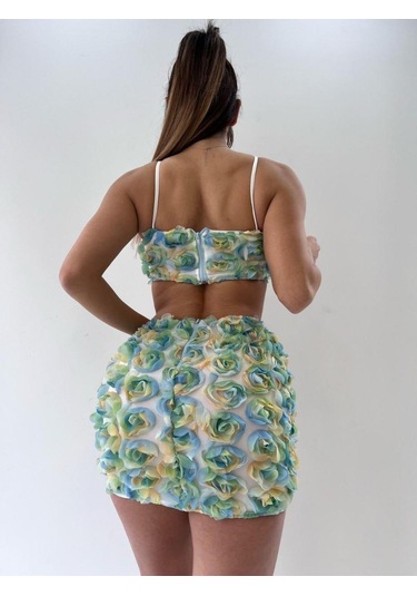 Yeşil Üç Boyutlu Çiçek Desenli Fermuar Detaylı-yeşil