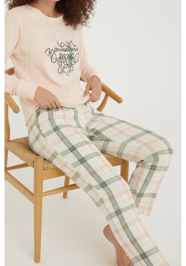 Luxury Thermal Among Stars Desenli Kadın Polar Kışlık Pijama Takımı 42058 Ekru