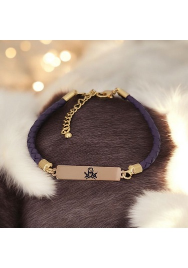 Archin Zülfikar Temalı Dikdörtgen Motifli Mor Derili 14 Ayar Altın Plakalı Hediye Bileklik-412sembol Zülfikar Temalı