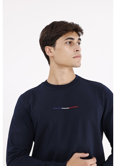 Rowinger Minimal Göğüs İşlemeli Rahat Kalıp Esnek Manşetli Mevsimlik Bisiklet Yaka Sweatshirt Navyblue