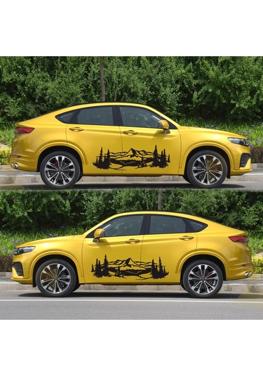 Ranyeek D-957 Pvc Araba Stickerleri, Dağ-ağaç Desenli Siyah Vinyil, Karbonlu Kaplama, 150x50cm 2 Adet, Kolay Kurulum-çıkarma