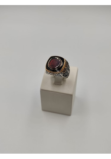 Kırmızı Taşlı Yuvarlak Kesim Erkek Yüzüğü 24 Mm 925 Ayar Gümüş Yü