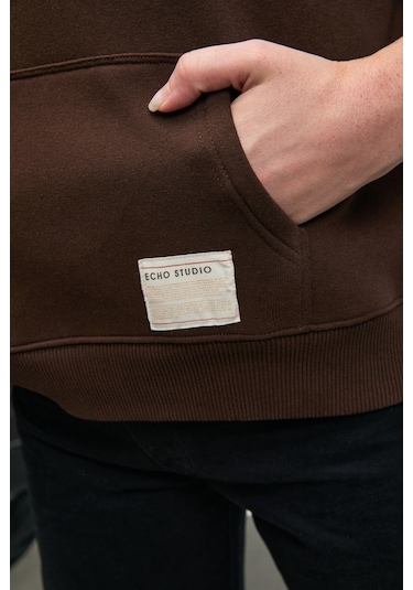 CLARIE Kadın Organik Pamuklu Oversize Kanguru Cepli Kapüşonlu Kahverengi Sweatshirt