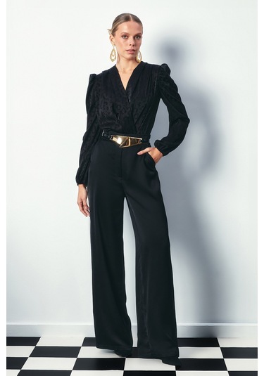 Sateen Kruvaze Desenli Bodysuit Bluz - Siyah-134273