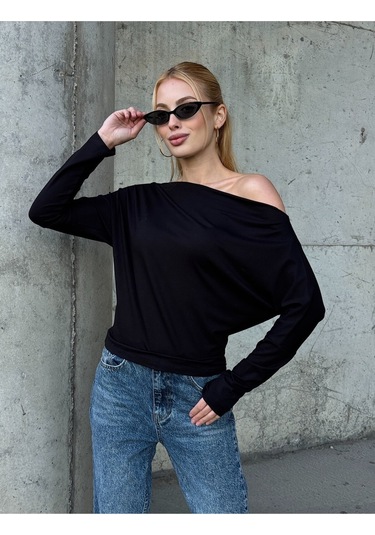 Kadın Kayık Yaka Full Esnek Asimetrik Kesim Comfort Spor Şık Tasarım Yumoş Bluz Siyah