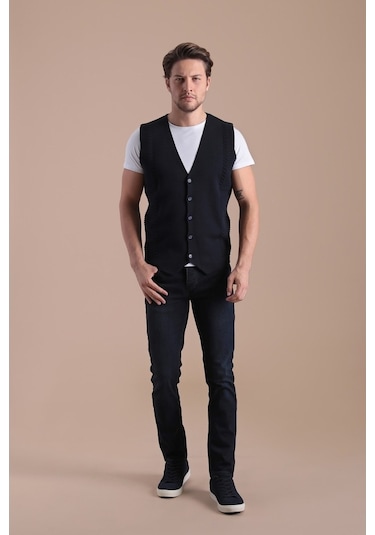 Ferraro Düğmeli Pamuk Triko Yelek - Lacivert-Lacivert