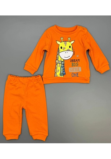 Kız Bebek Zürafa Baskılı Çıt Çıtlı Alt Üst İkili Gündelik Takım 6-18 Ay Turuncu
