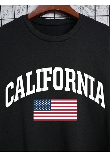 Coko Serisi American Flag & Letter Graphic Lined Sweatshirt Siyah--8185 Siyah