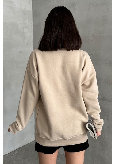Kadın Bej Bisiklet Yaka Oversize Sweatshirt Bej