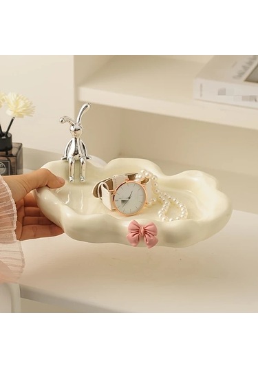 Maxaccess Beyaz Tavşanlı Porselen Tepsi: Takı, Kozmetik, Anahtar İçin Dekoratif Saklama Kutusu Beyaz