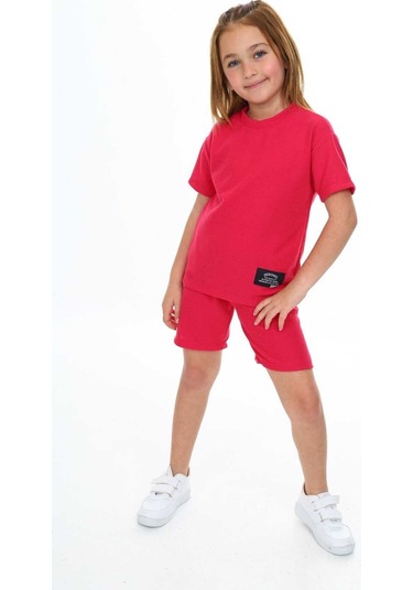 Bisiklet Yaka Şortlu Kız Çocuk Şortlu Takım Kırmızı