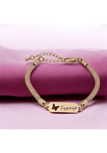 Archin Zeynep İsmine Özel 14 Ayar Altın Plakalı Hasır Kordonlu Kelebek Motifli Hediye Bileklik-647isim Zeynep