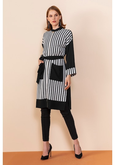 Serpil Exclusive Çizgili Modern Tunik Şık Ve Zarif Tasarım Siyah-ekru