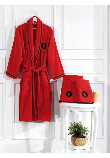 Finezza Elite %100 Pamuk Kopanaki Dantelli Nakışlı Kırmızı Bornoz Kırmızı