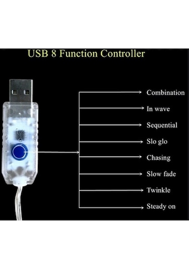 8 Modlu Usb'li Kumandalı Peri Led 5 Metre Beyaz - Renkli