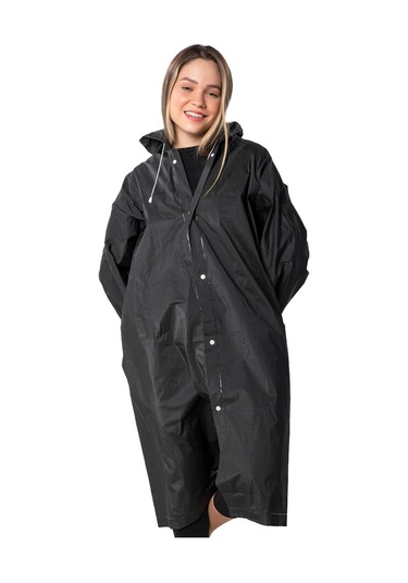 Marlux Unisex Su Rüzgar Geçirmez Kapüşonlu Çıtçıt Düğme Eva Yağmurluk - Siyah - Beyaz
