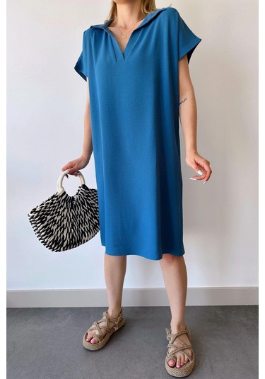 Kadın İndigo Kısa Kol, Polo Yaka, Dokulu Desen, Basic Kalıp/kesim, Aerobin Rahat Midi Elbise Indigo