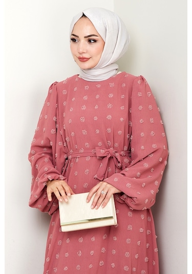 Kuşaklı Ponpon Detay Ayrobin Elbise 1538 - Gül Kurusu Gül Kurusu