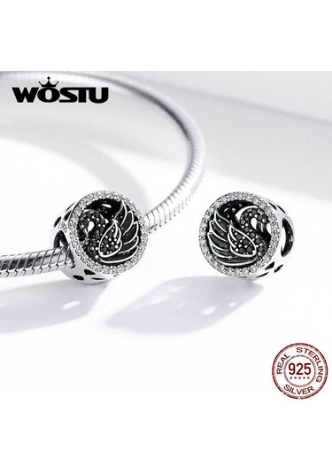 Wostu 925 Ayar Gümüş Siyah Kuğu Boncuk Zirkon Yuvarlak Takılar Fit Bilezik Kolye Takı Gümüş