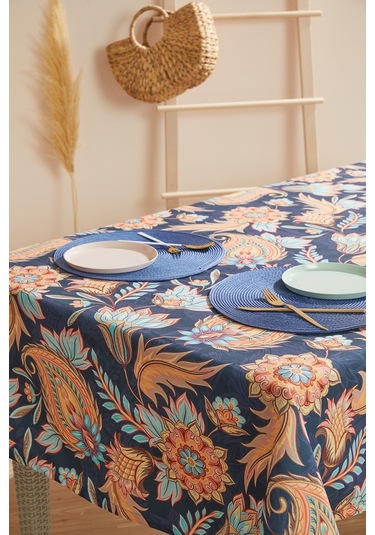 Lacivert Şal Desen Leke Tutmaz Masa Örtüsü