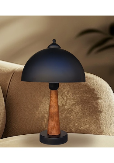 Legna Abajur Siyah Metal Sıvama Siyah Şapkalı Ahşap Gövdeli