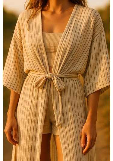 Enhitbaby Udenya Çizgili Oversize Müslin Kimono + Hediye Toka Ekru