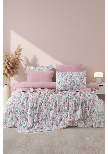 Cherie Çift Kişilik Nevresimli Pike Takımı - 7 Parça Çeyiz Seti Pembe