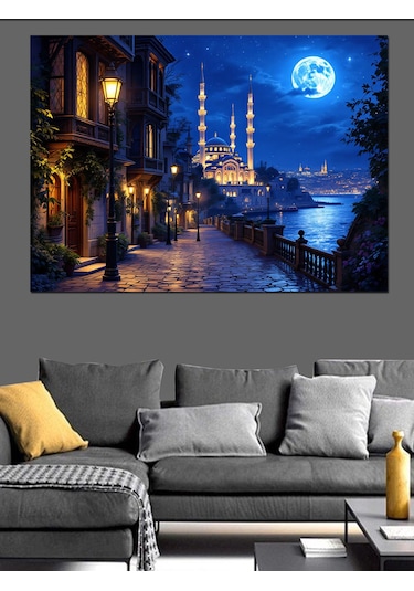 Gece İstanbul Camii Manzarası Dekoratif Kanvas - Mdf Ahşap Tablo