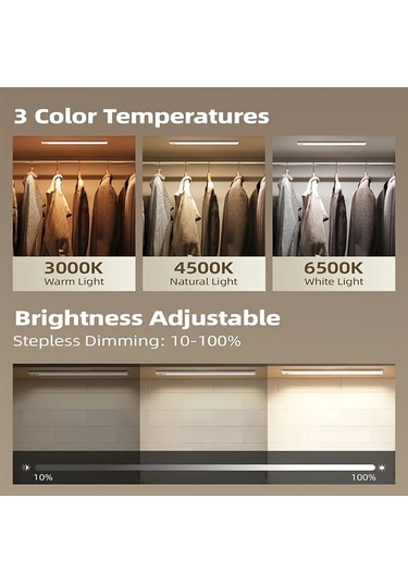 Dashanshop Aiwellkay 2li İnce Alüminyum Dolap Altı Hareket Sensörlü 3 Renk Sıcaklığı Ayarlanabilir Usb Şarjlı Manyetik Başlık Silvery 40cm Gümüş Rengi