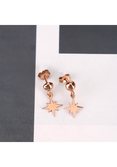 Taşsız Rose Altın Kaplama Sallantılı Kutup Yıldızı Gümüş Küpe