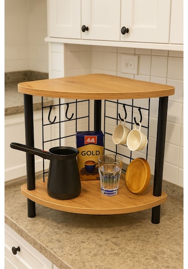 Mutluluk Köşesi Tezgah Üstü Raf Mini Kahve Köşesi Ve Baharatlık 6 Kancalı Organizer Çam