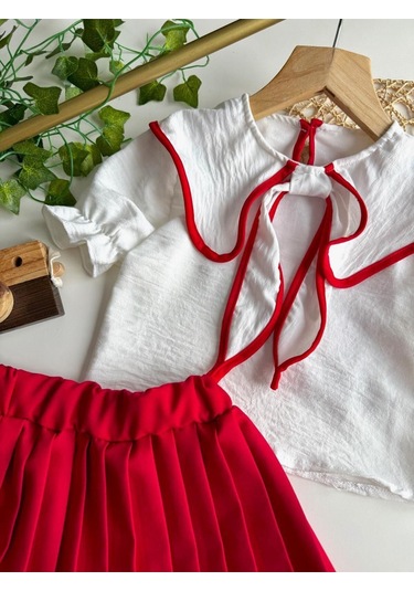 Yazlık Kısa Kollu Bluz Pileli Etek Kız Çocuk Takım Kırmızı