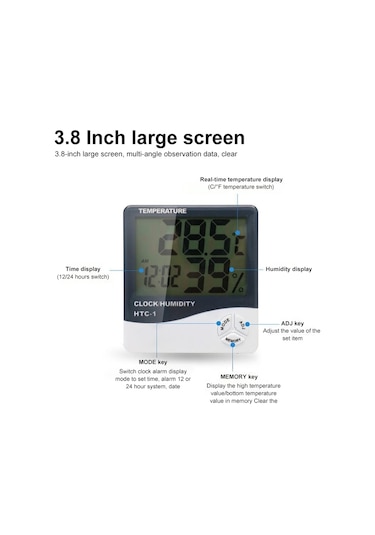 Sones 3.8 İnç Lcd Dijital Sıcaklık Ve Nem Ölçer Saat / Takvim İle Htc-1 Beyaz
