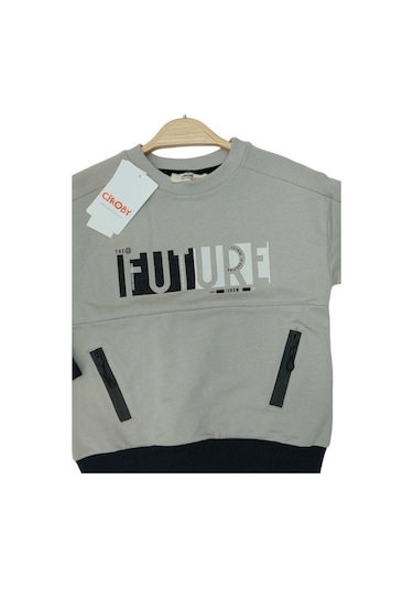 Çikoby Erkek Çocuk Future Baskılı Pamuklu Uzun Kollu Tshirt-13799-grı Gri