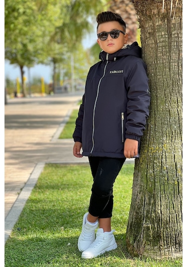 Erkek Çocuk Sabit Kapüşonlu Metal Armalı İçi Kürklü Mont Km3987 Lacivert