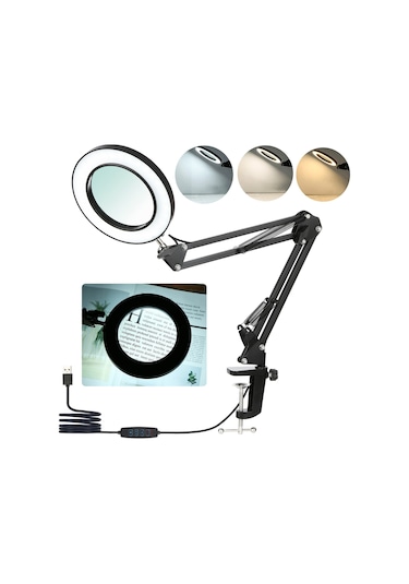 Neoglint Siyah 8x Büyüteçli Neoglint Esnek Kelepçeli Masa Lambası