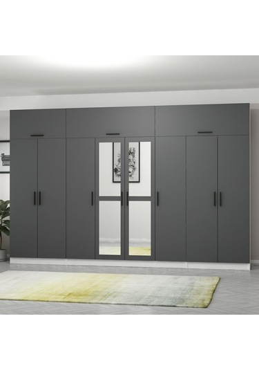 Minar Kale 8 Kapaklı 2 Aynalı 2 Ç Dolap Ve Yüklük Beyaz Antrasit 255cm Çok Renkli
