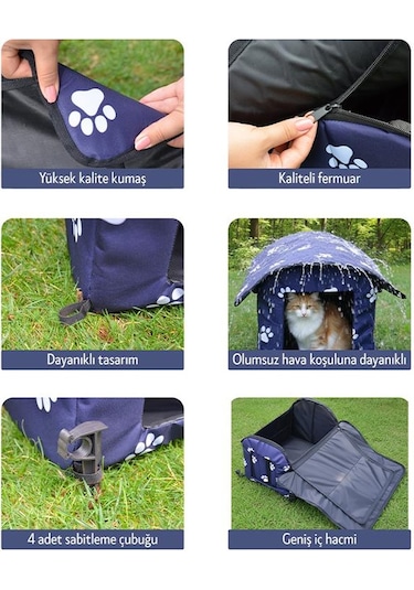 Yuga Pati Desenli Lacivert Kedi Evi Isı Ve Yağmur Korumalı