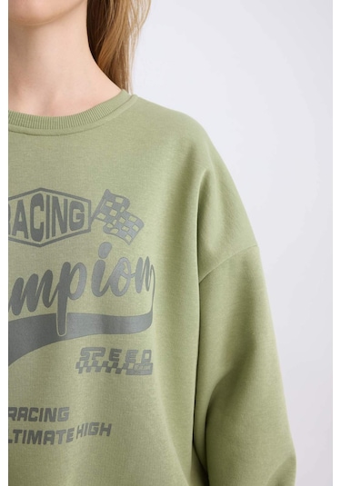 Defacto Coool Oversize Geniş Kalıp Bisiklet Yaka Baskılı Kalın Sweatshirt D5384AX24AUKH461 Haki