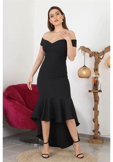 Dipmoda Kadın Kayık Yaka Düşük Omuz Eteği Volanlı Abiye Elbise Swll01 Siyah