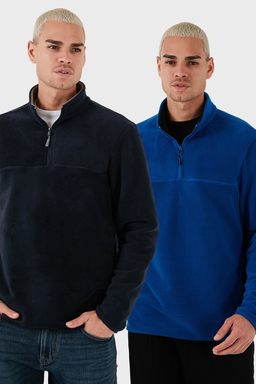 Buratti Regular Fit Anti-Pilling Tüylenme Yapmayan Dik Yaka Şardonlu 2'Li Paket Erkek Polar 5896700S2 Lacivert-Saks