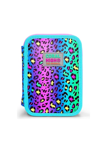 Coral High Kids Renkli Leopar Desenli Çift Katlı Kalem Çanta 11143 Renkli