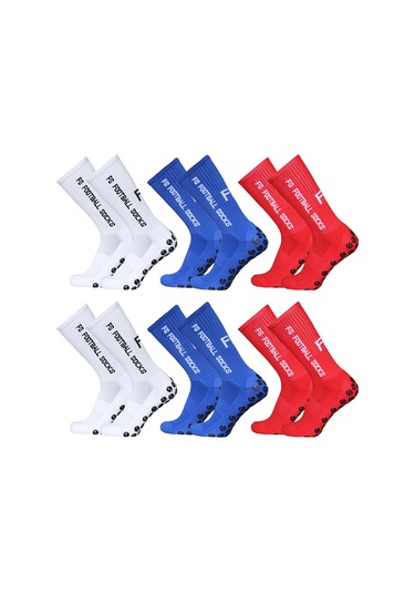 Folinda 6 Çift Futbol Çorabı, Noktalı Yapışkan Özellikli, 3 Renk Seçeneği Beyaz/mavi/kırmızı , 39-46 Numara Aralığı Beyaz Ve Mavi Ve Kırmızı