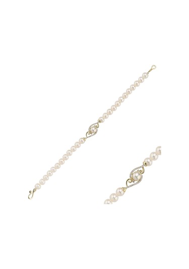 5 Mm Zirkon Taşlı Doğal İnci Bileklik 18 Cm / Sarı Sarı Sarı Altın