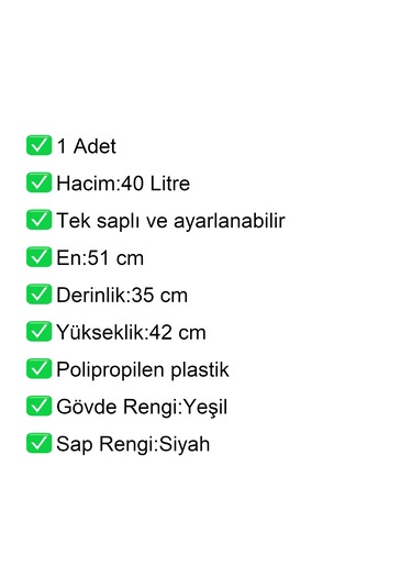 2 Tekerlek Plastik Alışveriş El Sepeti 40 Litre Yeşil 1 Adet / En:51 Boy:35 Yükseklik:42 Cm
