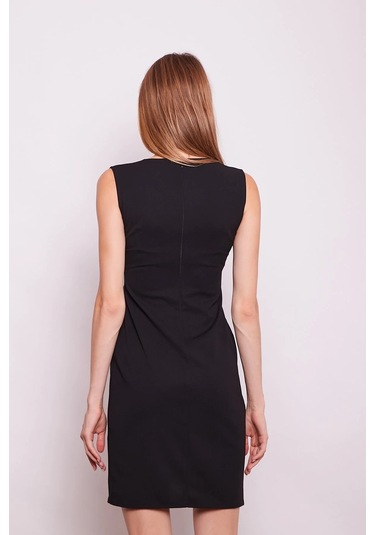 Kruvaze Anvelop Önü Büzgülü Şal Yakalı Kolsuz Likralı Krep Kumaş Elbise-siyah Siyah