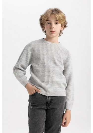 DeFacto Erkek Çocuk Gri Bisiklet Yaka Basic Düz Triko Kazak C9468A824AUGR210