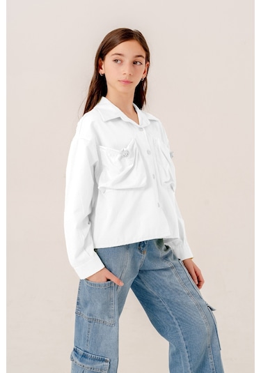 Kız Çocuk Körük Cepli Gömlek 3155 Beyaz