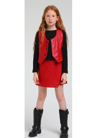 Kız Çocuk Beli Lastikli Şort Etek-13431-kırmızı Kırmızı