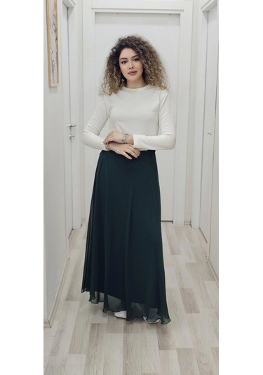 Bel Lastikli Kloş Şifon Etek 6003-yeşil Yeşil